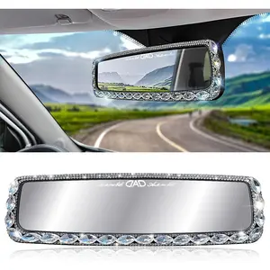Bling Car Rearview Mirrors Decorations Rear View Mirror with HD Glass Rhinestones Automotive Interior Mirrors(white)