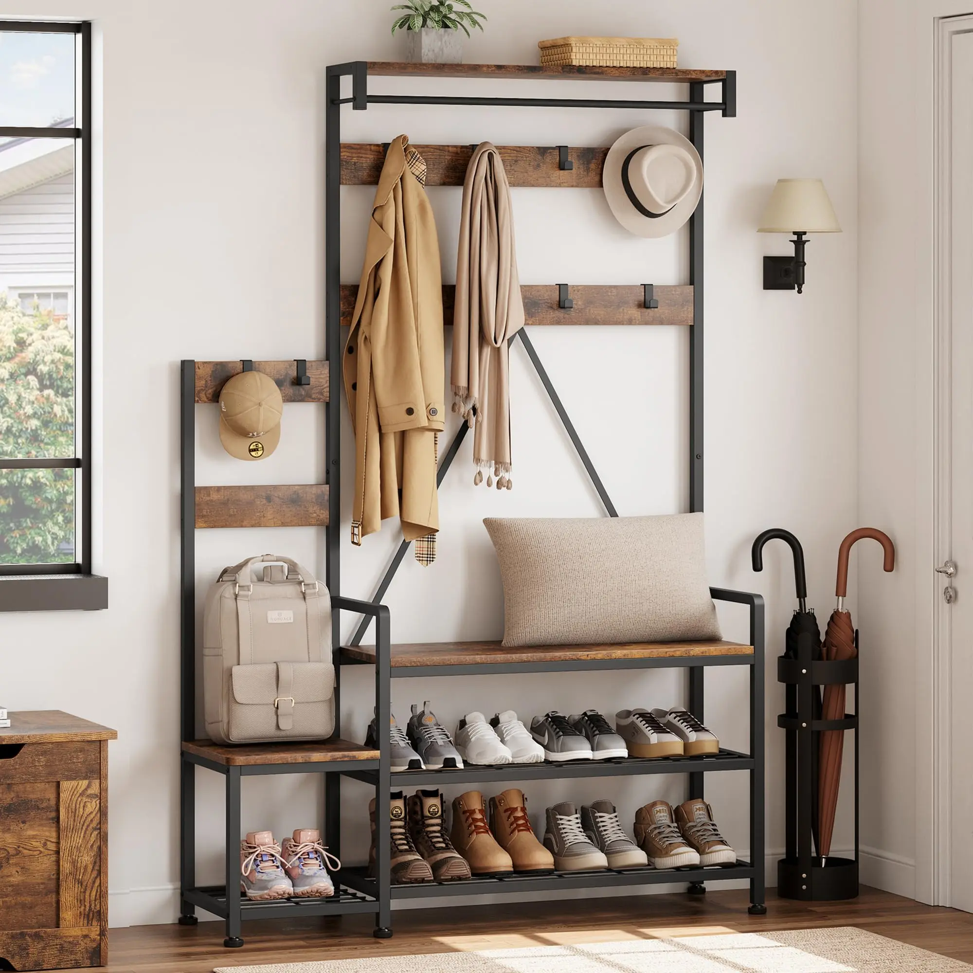 Hall Tree with Bench & Shoe Storage - Parent-Child Coat Rack & Organizer with Shoe Rack, Cubbies, Hooks, and Top Shelf Brown