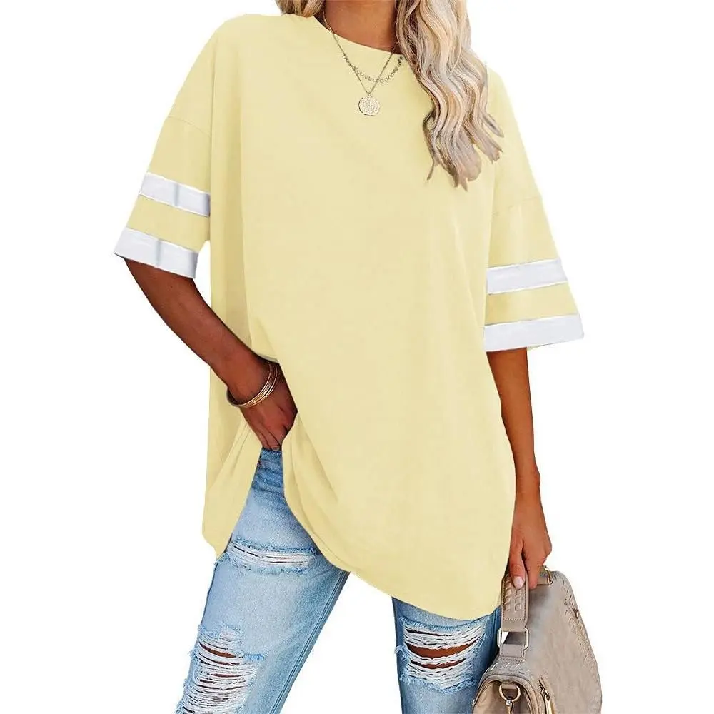 Womens Oversized Tees Loose T Shirts Half Sleeve Crew Neck Color Block Cotton Tunic Tops