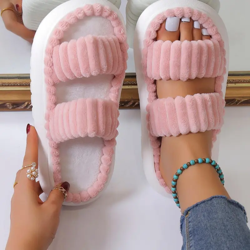 Double Strap Platform Home Slippers, Matching Fuzzy Warm Cozy Bedroom Slippers for Gifts, Comfy Casual Soft Pink Slippers for Women, Walking Shoes, Footwear, House Slippers, Fluffy Home Slippers, Indoor Slippers