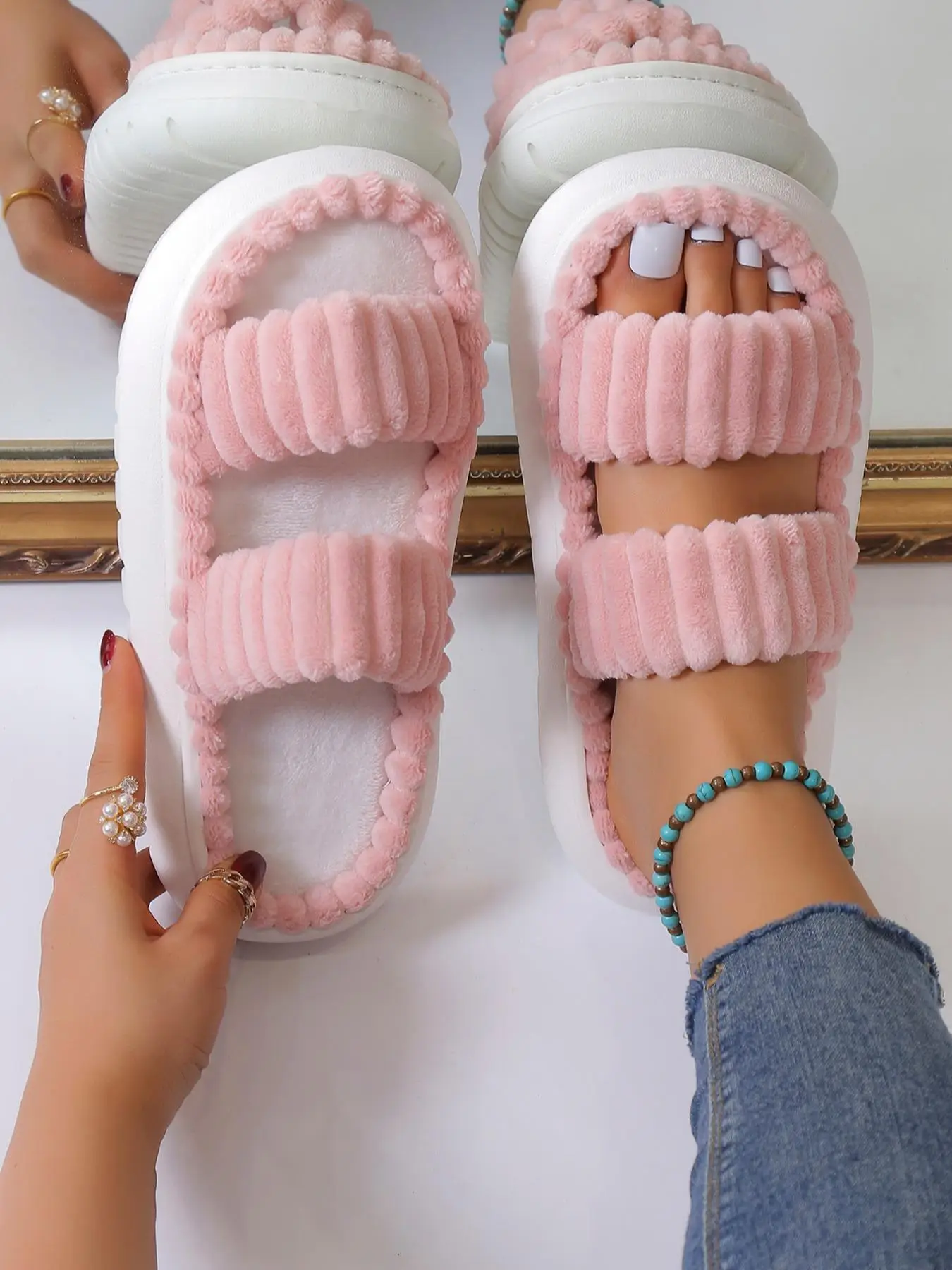 Minimalist Fluffy Home Slippers, Open Toe Bedroom Sandals for Gifts, Casual Soft Platform Pink Bedroom Slippers, Fuzzy Warm Slippers for Women 2025, W