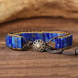 Natural Lapis Lazuli Dark Blue Gemstone Leather Braided Handmade Healing Energy Crystal Vintage Unisex Bracelet