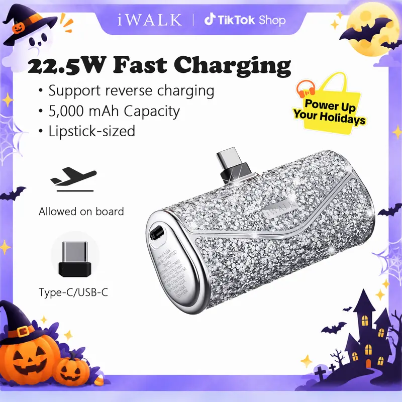 iWALK Sparkly Portable Power Bank - 22.5W 5000mAh Compact USB-C Charger with USB Dual Power Fast Charging for iPhone 17/16/15, Durable Lithium Battery, Smartphone Accessories, Travel Gadgets, Purse Mini Phone Accessory