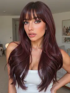 Fashionable New Long Wavy Dark Burgundy Wigs with Bangs Synthetic Material Wigs for Women, Suitable for Ordinary Work, Life, Dance Parties and All Occasions