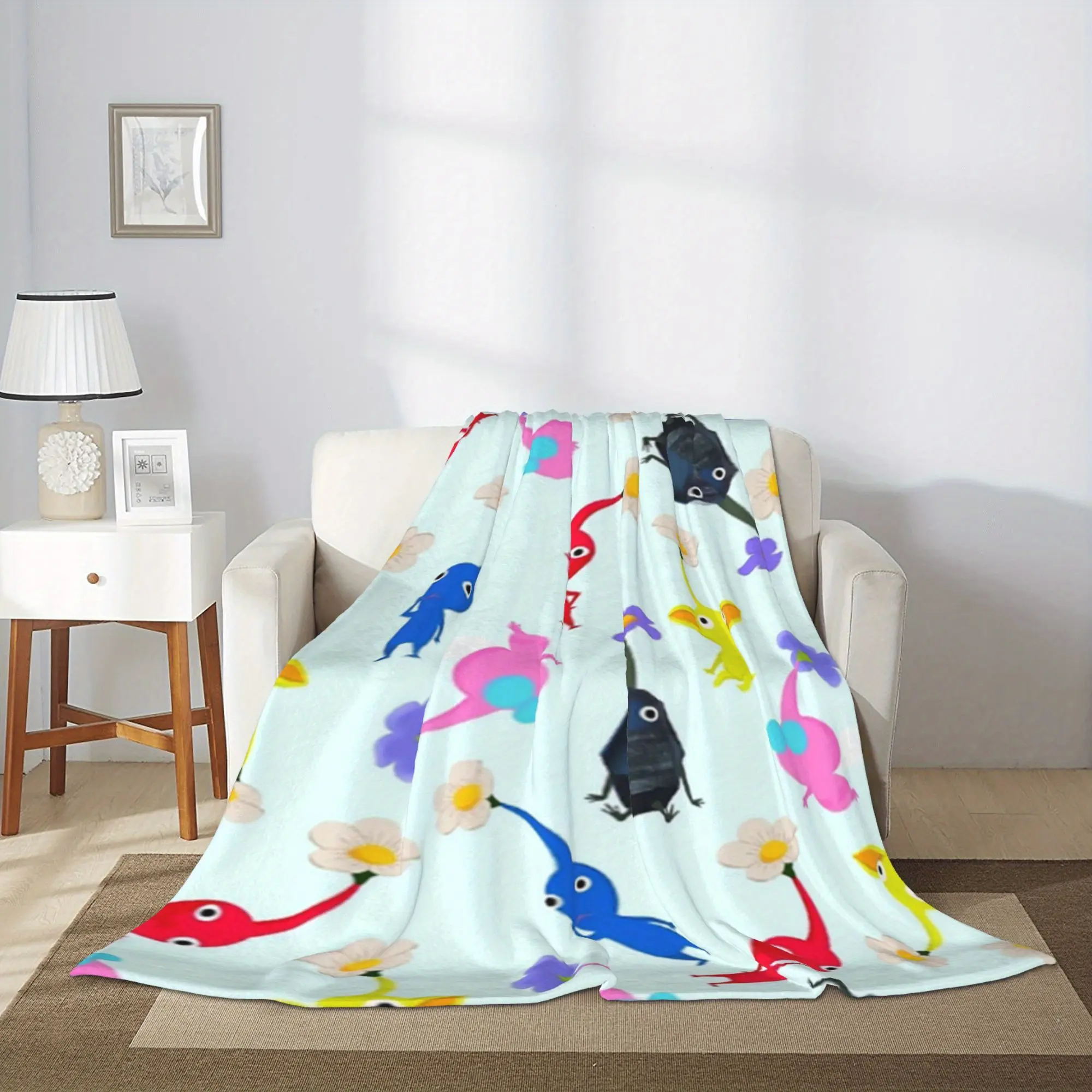 Pikmin Cartoon Print Flannel Fleece Throw Blanket - Soft, Comfortable, Warm, Multifunctional Nap & Throw for Home, Office, Car, and Camping - Digital Printed Polyester Glam Style All-Season Blanket - Perfect Gift