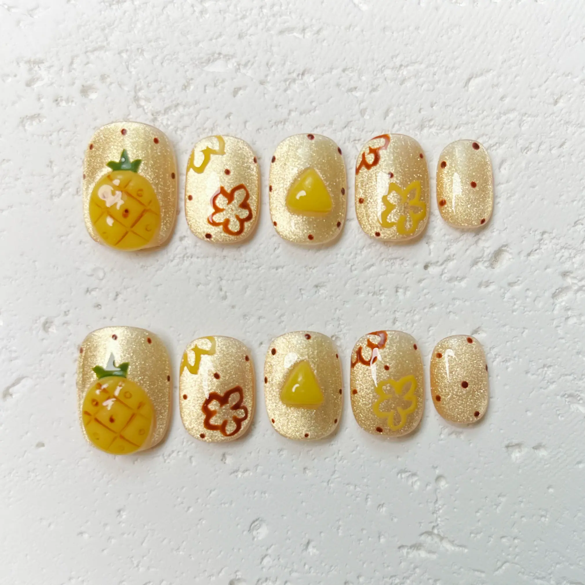 [Pineapple] Short Square Handmade Press on Nails, Fake Nails with Nail tool kit with Jelly Stickers, Reusable, Durable