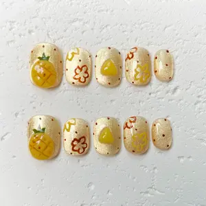 [Pineapple] Short Square Handmade Press on Nails, Fake Nails with Nail tool kit with Jelly Stickers, Reusable, Durable