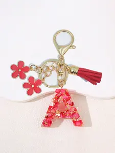 Women's Fashion Resin Stone Gold Foil Keychain, 26 English Capital Letters Keyring, Flower Tassel Car Key Holder, Wallet Bag Charm