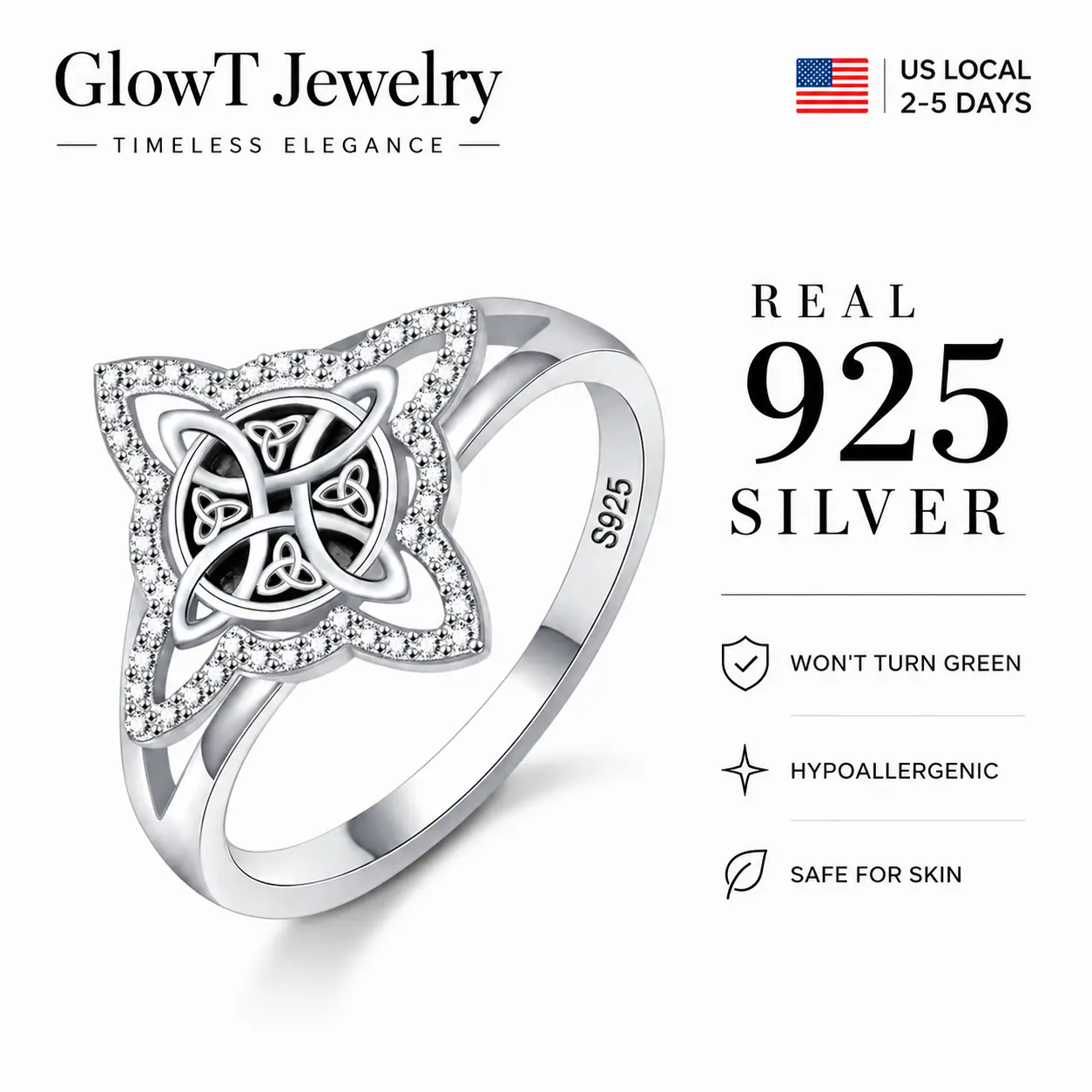 925 Sterling Silver Witch Knot Trinity Ring with Clear CZ | Celtic Protection Jewelry for Sensitive Skin Protection Jewelry for Modern Witches