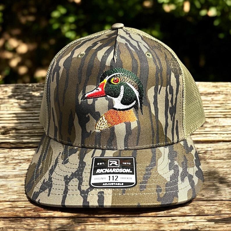 Wood Duck Hunting Hat – Embroidered Duck Design Bottomland Camo Trucker Cap, Perfect Gift for Duck Hunters