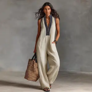 2026 Summer Women's Linen Blend Embroidered Jumpsuit - Sleeveless V-Neck Wide Leg One Piece Outfit for Vacation biker shorts women women's workout sets summer thermal shorts Retro Low-Waist Fluffy Stitching Shorts
