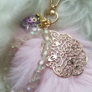 LipsGal Cosmetics LLC Fox Tail Keychain in Pink Fur with Gold Charm & Beaded Accents for Stylish Accessories Ideal for Keys Bags