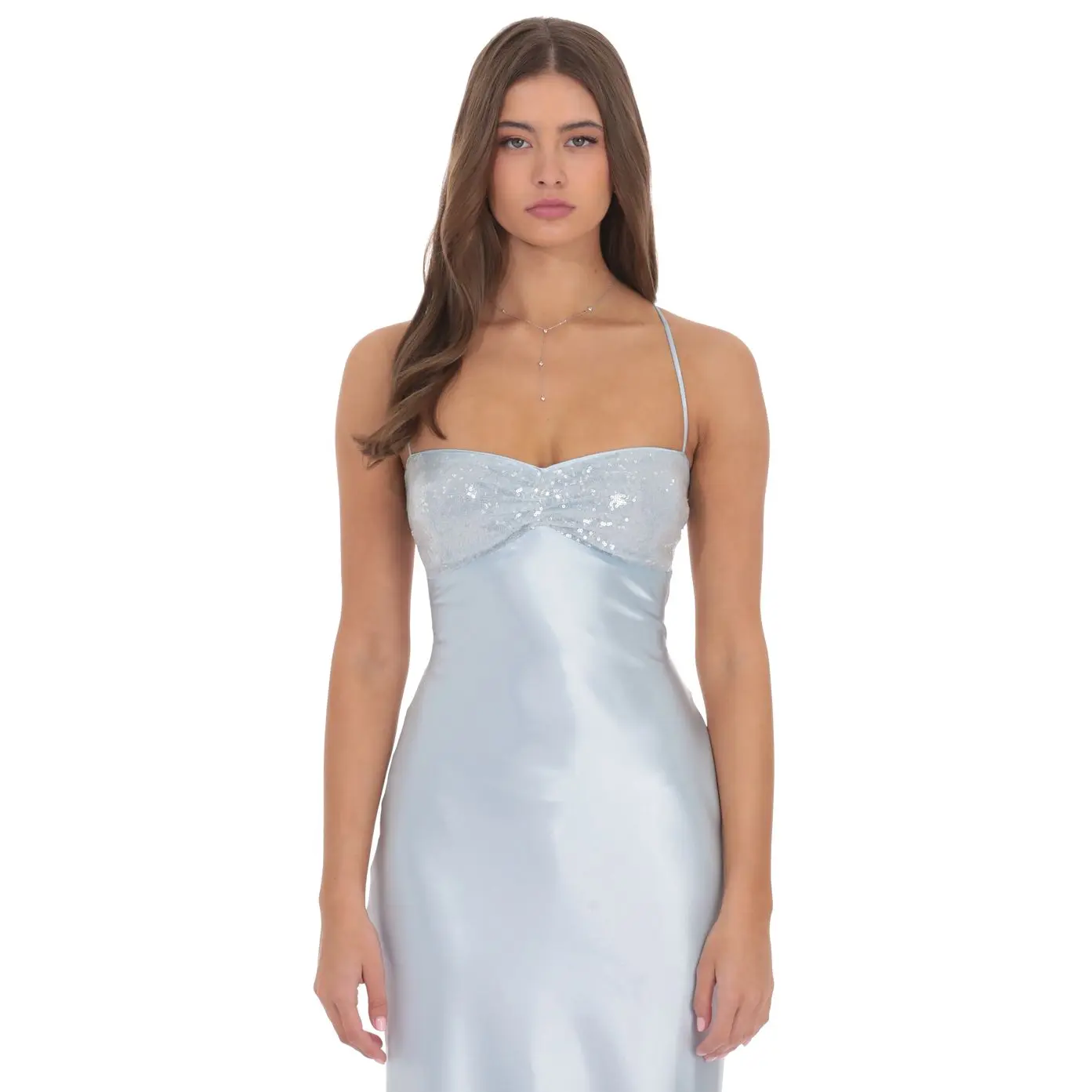 Lucy in the Sky Sequin Bust Satin Maxi Dress in Light Blue - TikTok Shop