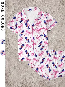 Valentine's Day Blue Bow Bull Women's Pajama Set, Two-Piece Short Sleeve Button-Up Top and Shorts, Comfortable Casual Home Wear, Loungewear