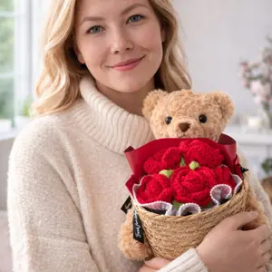 Handmade Crochet Rose Bouquet Teddy Bear Doll, Valentine's Day & Mother's Day Party Gift, Anniversary Present with Packaging, Birthday Gifts Basket