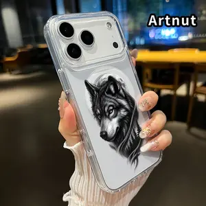 Clear Magnetic Phone Case for iPhone 17 Pro Max 16 Plus 15 14 13 12 11 Air E Wolf Under Moon Forest Pattern Acrylic Back Soft Silicone Edge Anti-Fingerprint Hard Cover Gift for boy girl