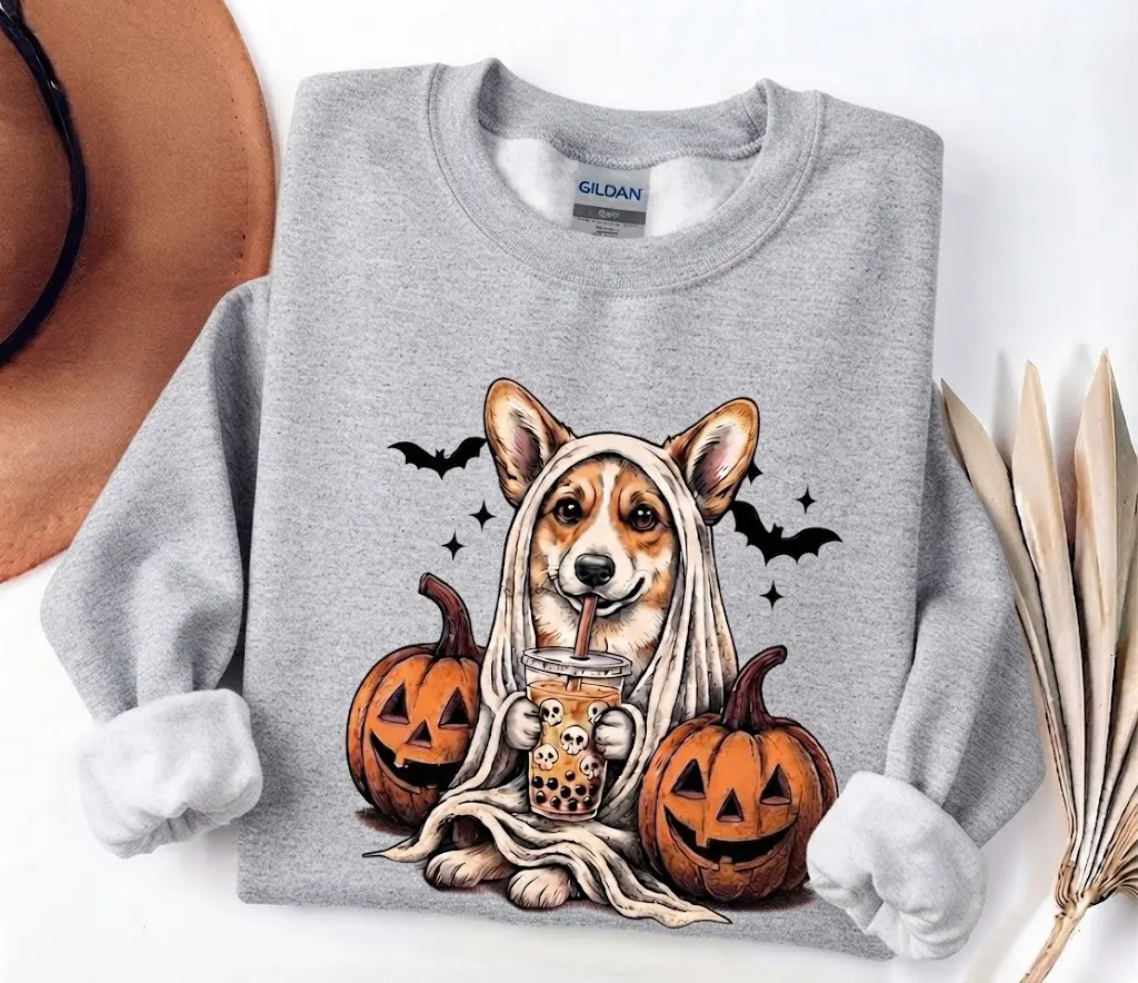Cozy Corgi Ghost Halloween Sweatshirt | Bubble Tea Dog Lover Gift Tee, Hoodie