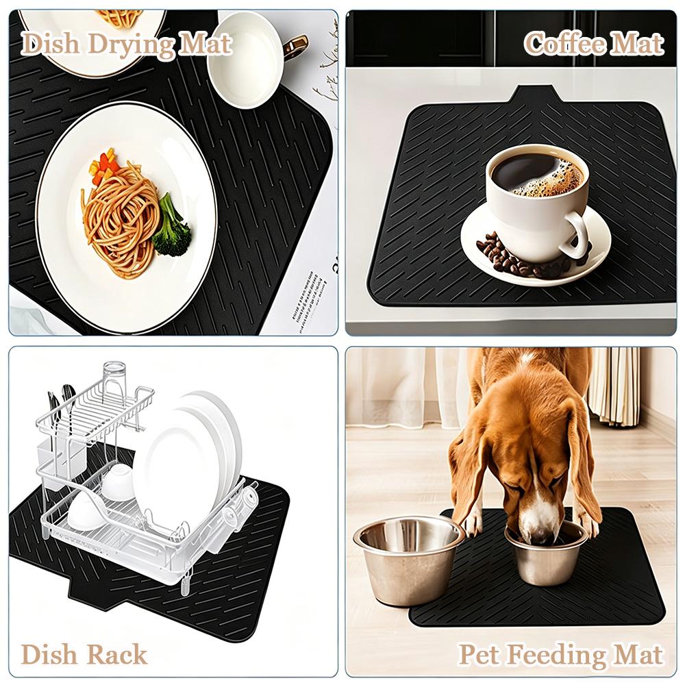 【Freylo】Dish drying mats for kitchen counter, Silicone dish drying mat ,Heat resistant mats for countertop,With drain port ,Stone drying mat for kitchen counter (23inchx17inch, black)