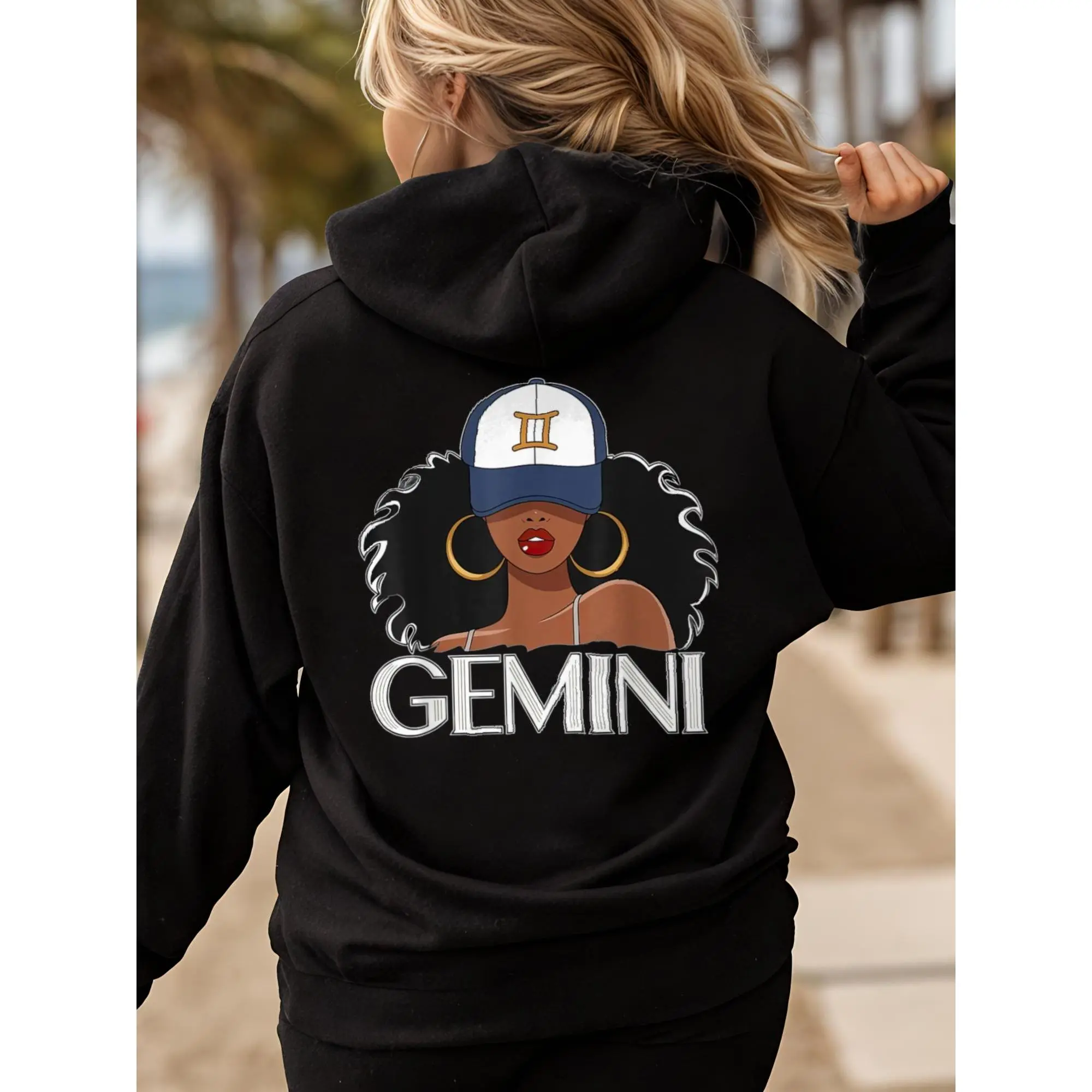 Gemini Queen Zodiac Hoodie for Women Black Woman Birthday Gift Long Sleeve Hooded Cotton Blend Graphic Print Sweatshirt Fashion Streetwear Womenswear Tops Casual sweatshirts winter outfits graphic hoodie comfort hoodies