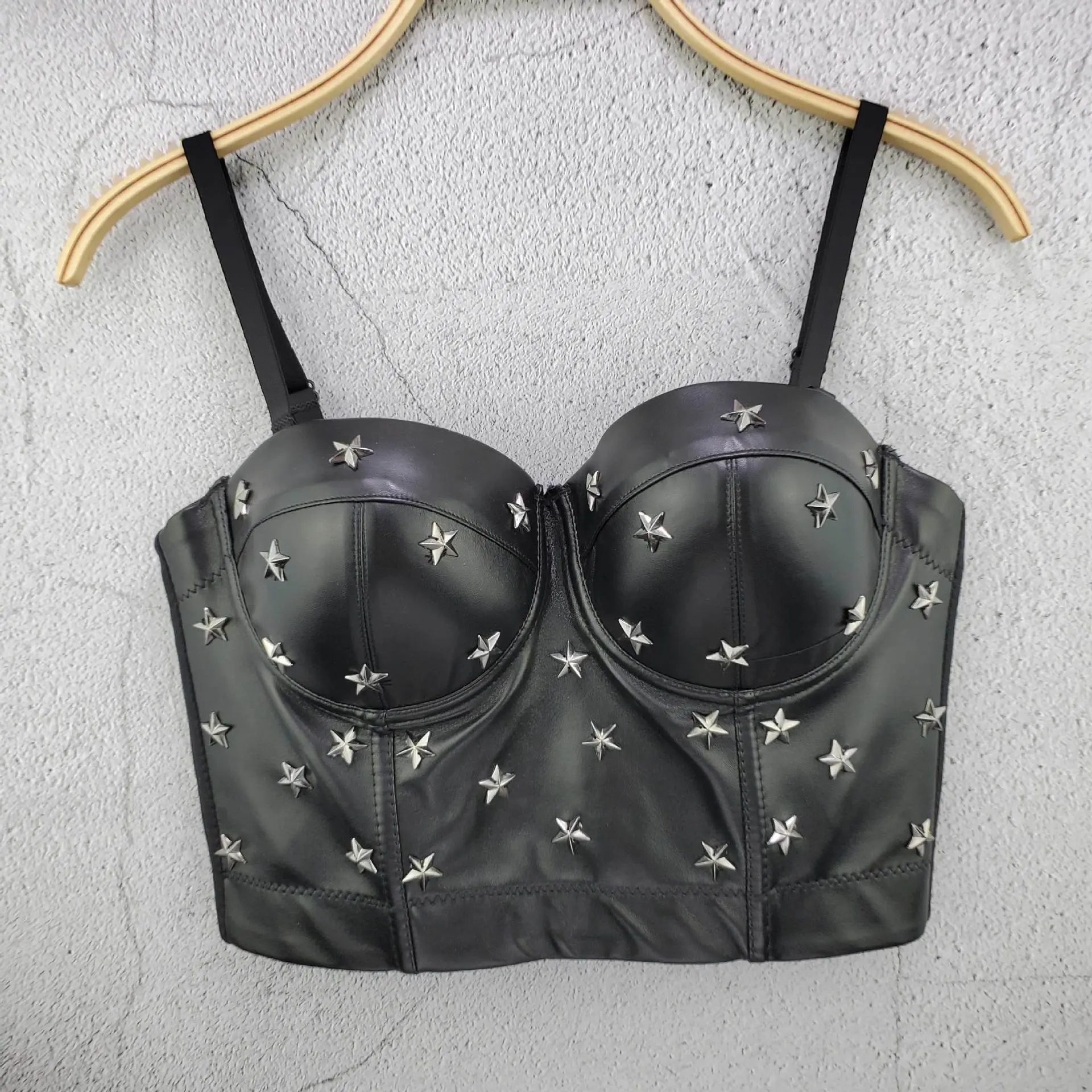 Women's Short Polyurethane (PU) Leather Star Print Corset Bustier - Sexy Sleeveless Fishbone Boning Crop Top for Thanksgiving, Chinese New Year, Easter Party Wear