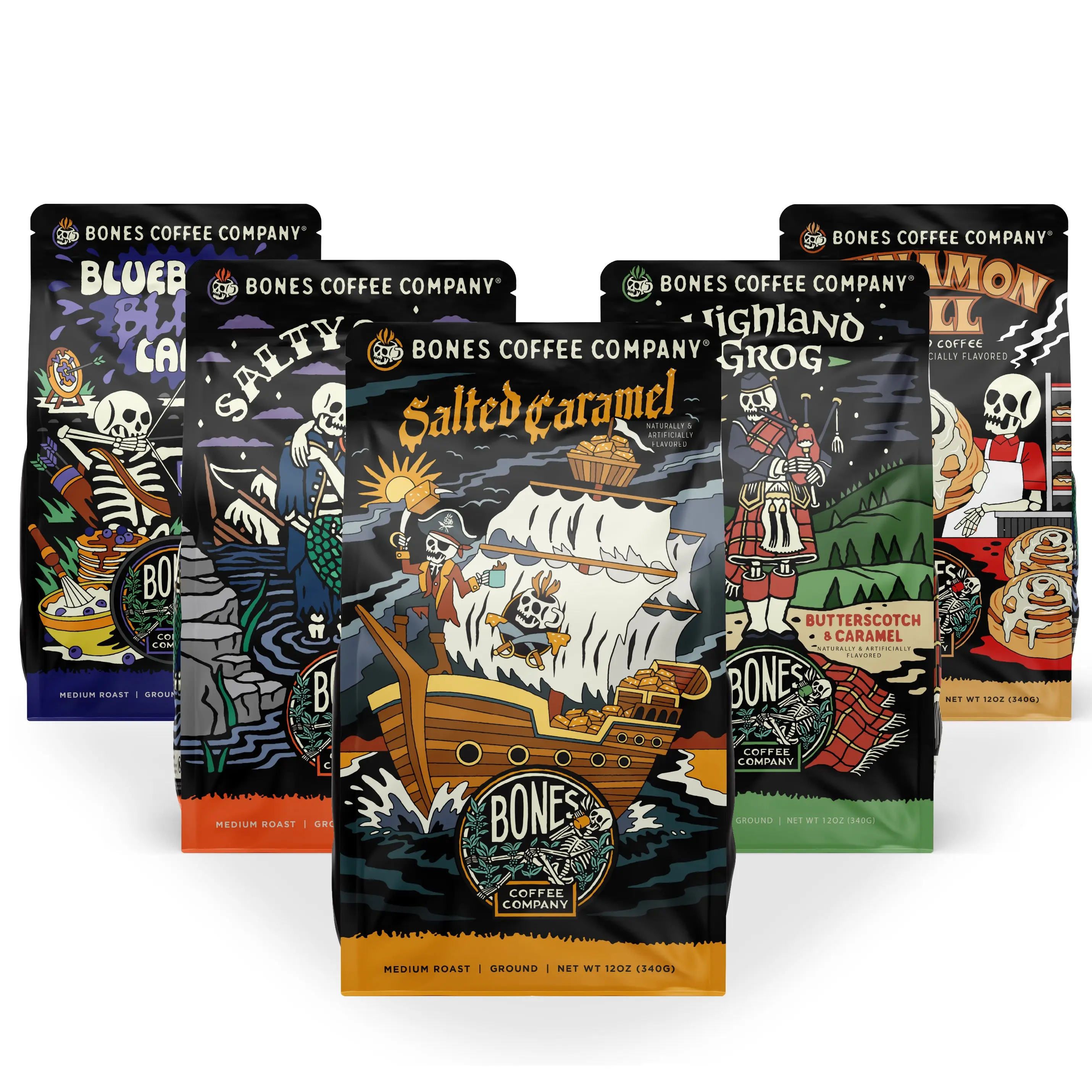Bones Coffee Company Ground Coffee – Flavored Medium Roast Arabica Coffee Bags & Variety Bundles