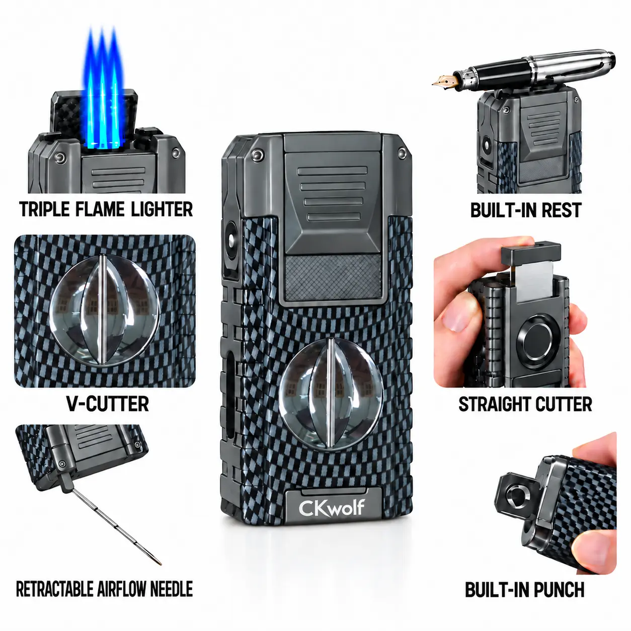 CKwolf 6-in-1 Refillable Windproof Triple-Flame Lighter (Fuel Not Included), Multi-Function EDC Gadget with Built-In Tools, Adjustable Flame and Gift Box, Christmas, Father’s Day, Birthday & Anniversary Gifts for Men
