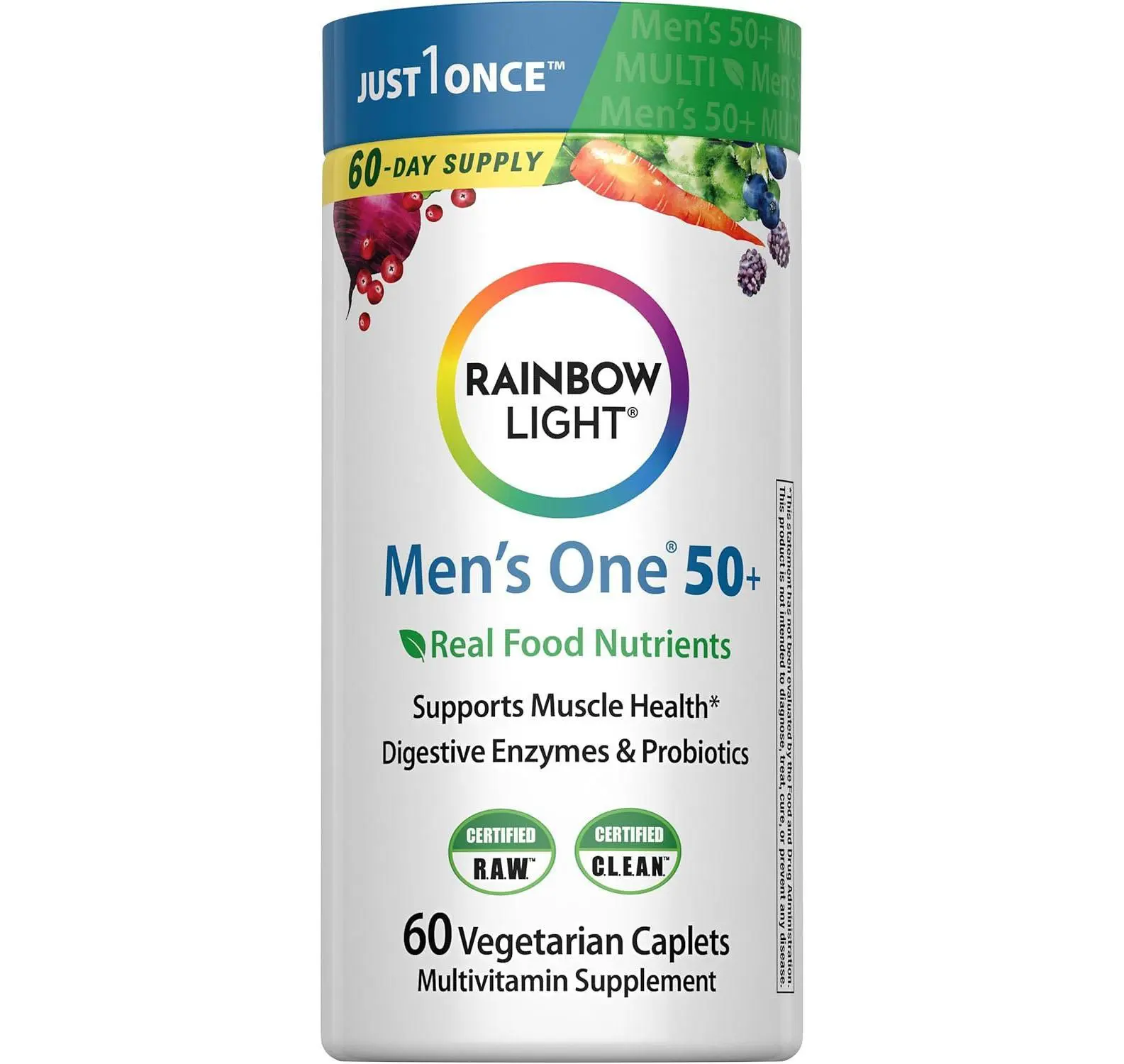 Rainbow Light Mens Multivitamin One + for 50 Plus | 60 Caplets | Supports Muscle Health | with Vitamins C, D, and Zinc | Real Food Nutrients, Digestive Enzymes & Probiotics