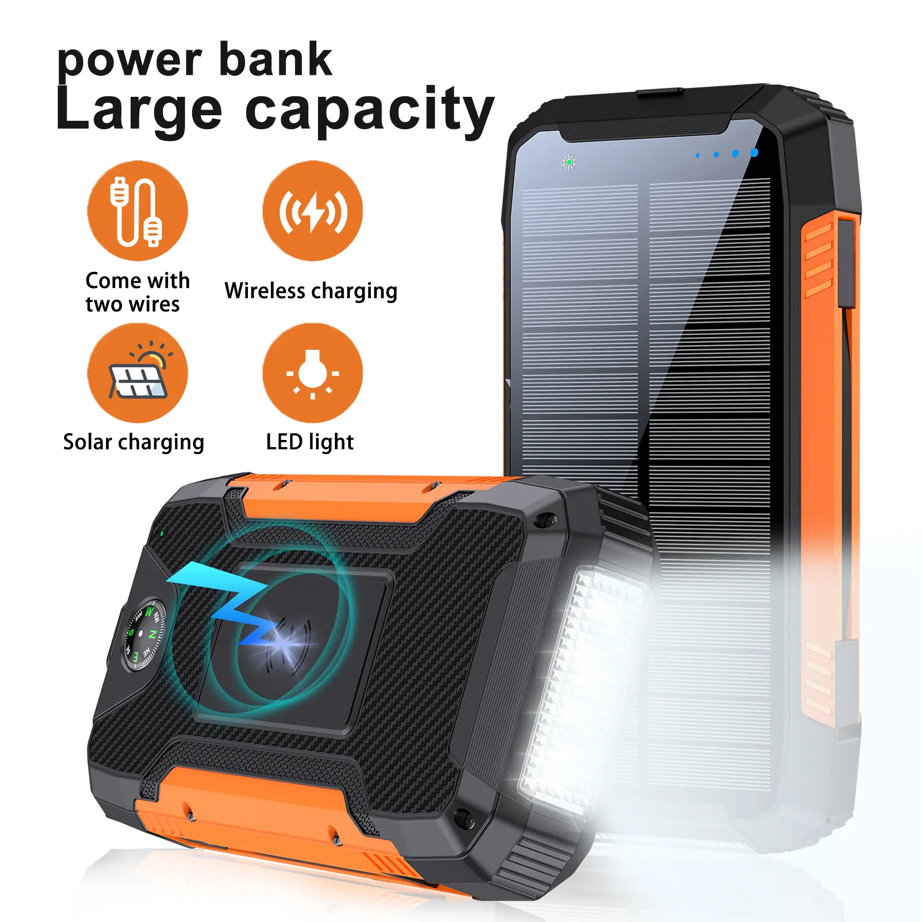 Solar-Powered Portable Power Bank (50000mAh/30000mAh) - Fast-Charging, Chargeable External Battery with 2 Built-in Cables, 4 Outputs, 2 Inputs, Wireless Charger, Camping Lamp, Compass for Smartphones, Sun Accessories