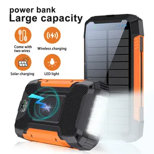 50000mAh/30000mAh Large-capacity Charger, Solar Power Bank, Wireless Mobile Charger With Two Built-in Cables, External Battery Pack, 4 Outputs And 2 Inputs, Comes With Camping Lamp And Compass Phone Smartphone
