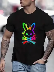 Rainbow Skull Rabbit Print T-Shirt, Colorful Punk Style Top, Soft Daily Wear, Casual Long Sleeve Tee for All Seasons