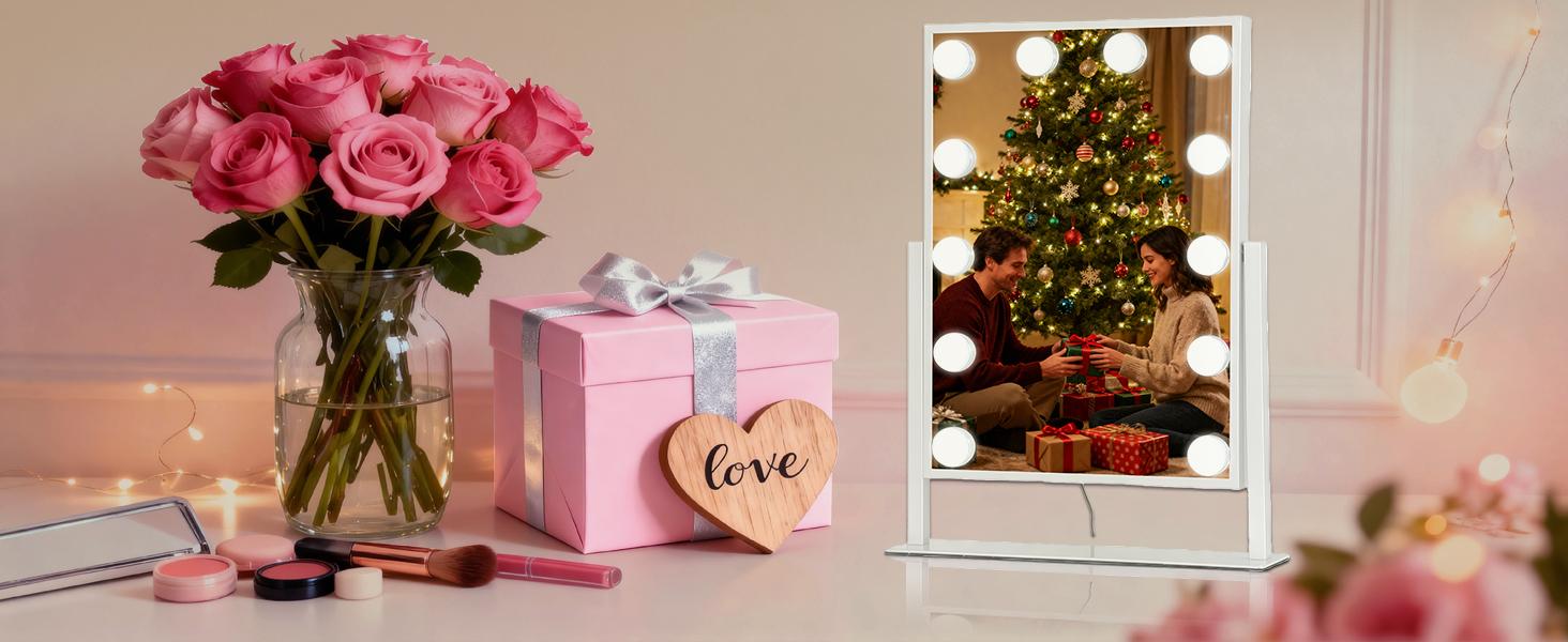 Amifiy Hollywood Vanity Mirror with Lights, 10x Magnifying, 12 LED Bulbs, 3 Color Lights and 360° Rotation, 14" x 19" Desk Lighted Makeup Mirror for Bedroom Dresser College Dorm