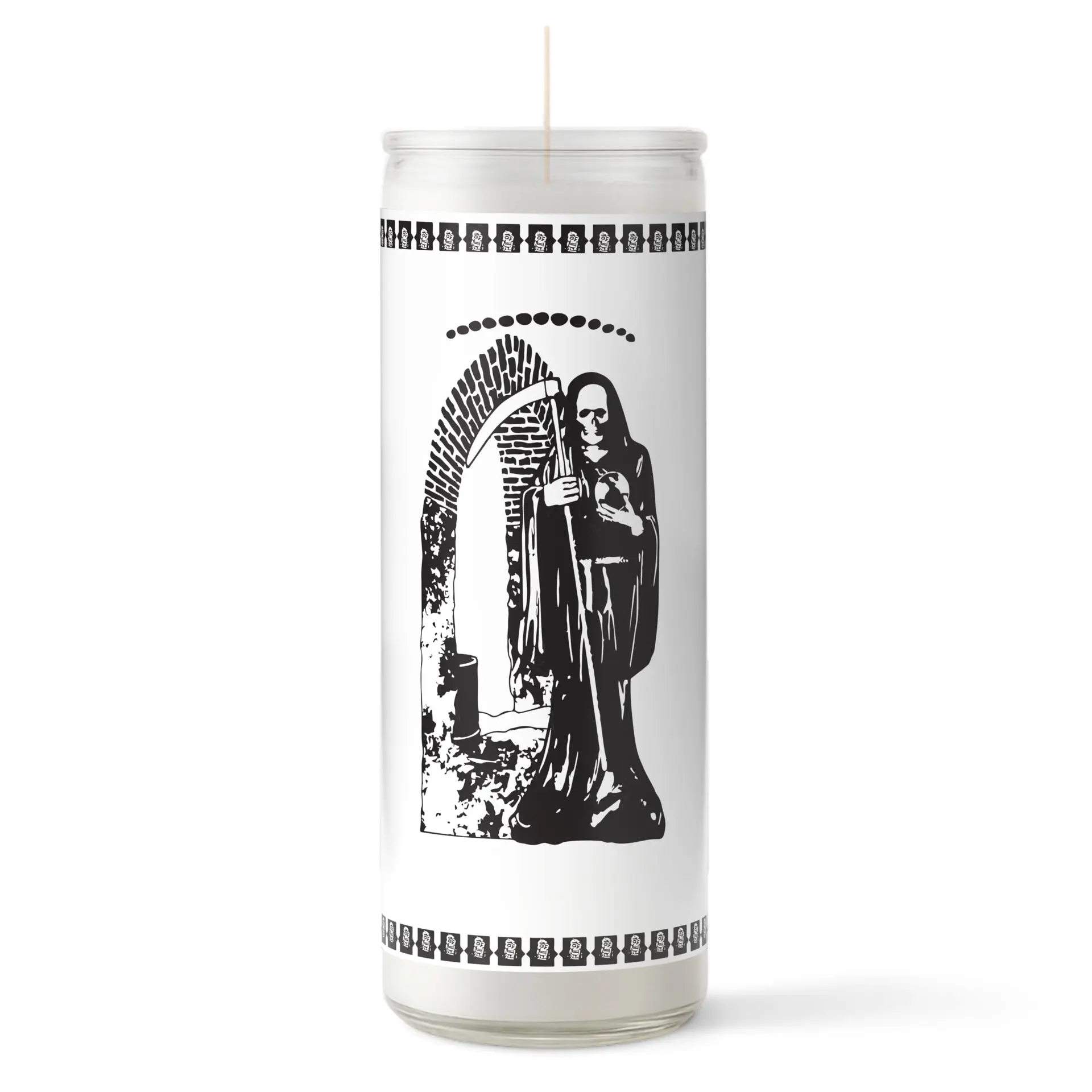 Santa Muerte Glass Pillar Candle - White | Veladora de la Santa Muerte Blanca