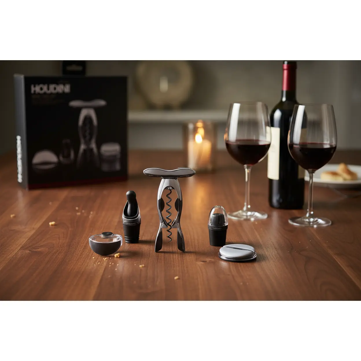 Rabbit Houdini 4-Piece Wine Tool Kit for Casual Hosts - Metal Spiral Corkscrew, Drip-Free Foil Cutter, Bottle Sealer