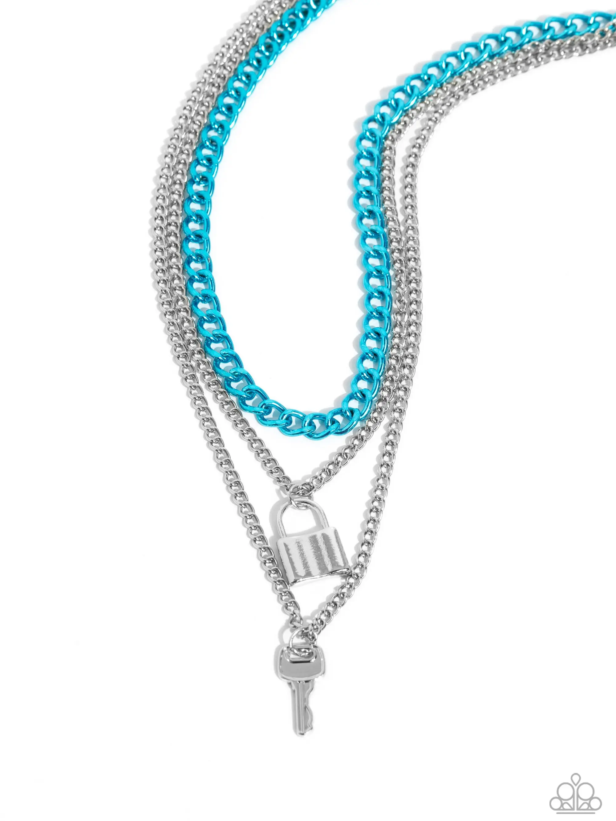 Locked Labor - Layered Necklace - Silver Chains hold Lock and Key Pendants, Metallic Curb Chain