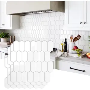 Upgraded Thicker Design Peel and Stick Backsplash , 10-Sheet Pure White with Gray Grout Long Hexagon Self Adhesive Wall s Stick  Backsplash for Kitchen Bathroom RV Fireplace
