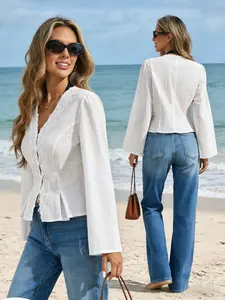 Vintage French White Linen-Blend Lace Trim V-Neck Flare Sleeve Cropped Cottagecore, Beach, Office Blouse, Fitted, Long Sleeve