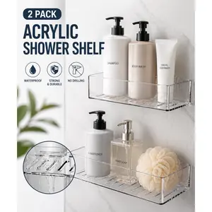 Acrylic Bathroom Shower Shelf Organizer Rack 2 Pack, Clear Adhesive Shower Organizer and Wall Shower Caddy Shelf for Bathroom Storage, Home Decor and Kitchen, No Drilling No Damage Wall Mount Rack for Shampoo, Soap, Skincare and Daily Essentials
