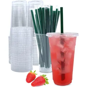 24 oz Clear Plastic Cups with Lids and Straws - 25 Sets Disposable Party Cups, Reusable-like Heavy Duty Plastic Tumblers for Iced Coffee, Bubble Tea, Smoothies & Cold Drinks