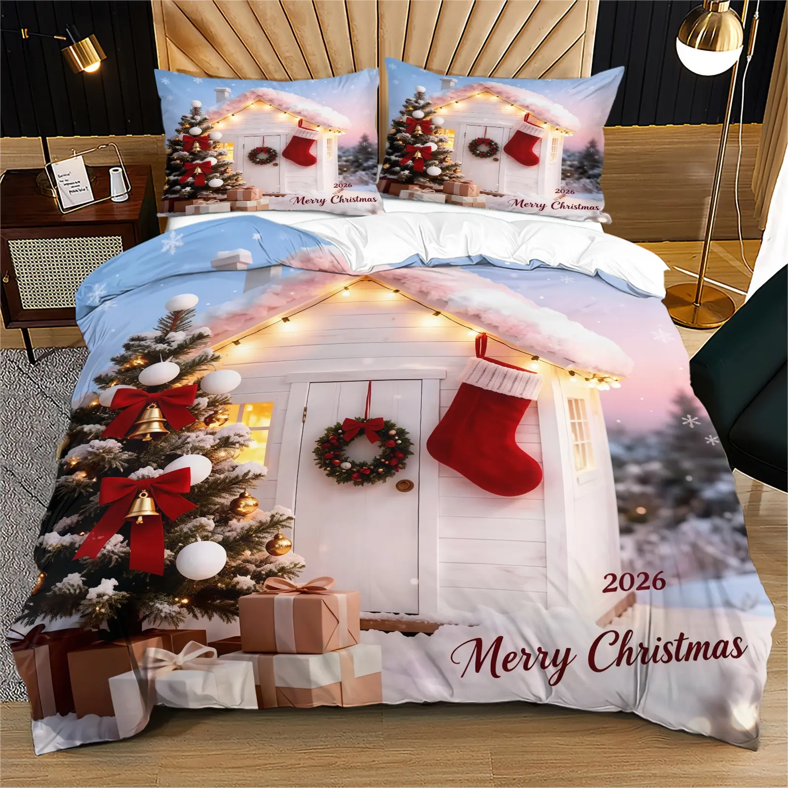 Christmas Snowy Cabin Bedding Set, Soft and Durable, Includes 1 Duvet Cover and 1 or 2 Pillow Covers, Excludes Duvet and Pillow Inserts, Perfect for Christmas Gifts