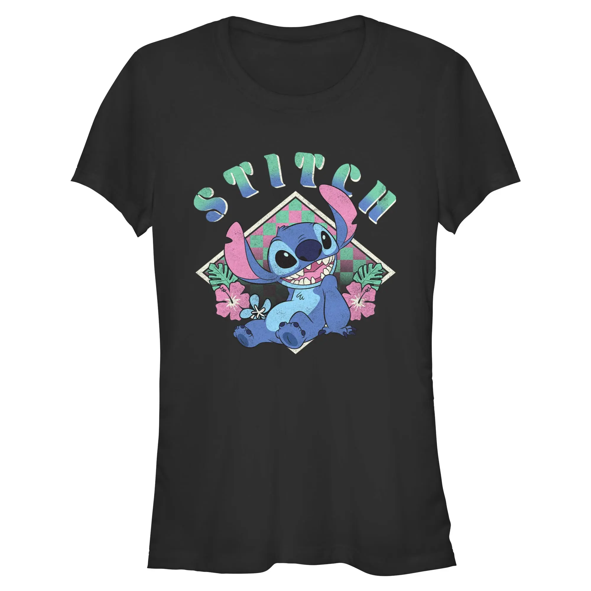 Juniors Womens Lilo & Stitch Distressed Checkerboard Stitch T Shirt