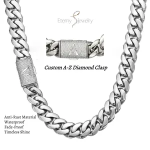 Silver Stainless Steel Cuban Link Chain 14mm Heavy Miami Cuban with Custom A–Z Initial Letter Diamond Clasp Gothic Punk Hip Hop Style Personalized Matching Jewelry Gift for Him, Bold Statement Piece for Everyday Wear