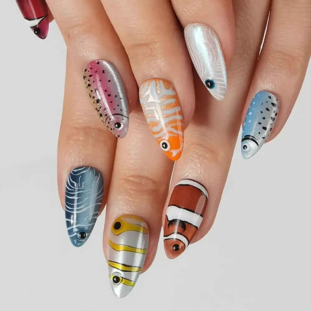 24 Pcs Tropical Fish Nail Art Designs, Long Almond Cat Eye False Nails, Multicolor Ocean Themes, Fun Beach Style, All Seasons, Summer Vacation