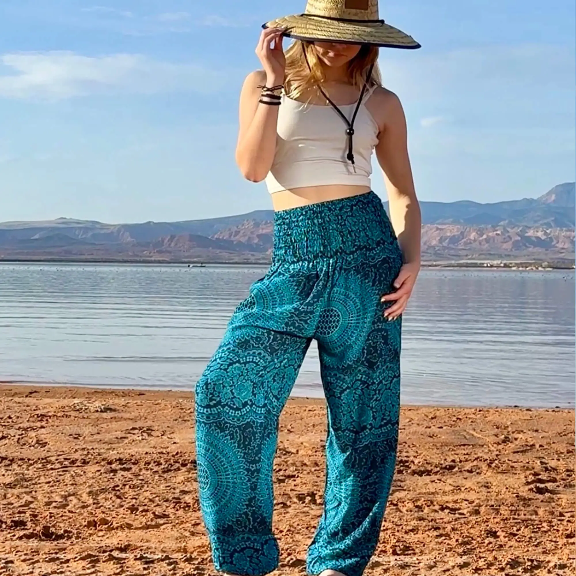 Women's Boho Blue Water Mandala Print Harem Pants - Lightweight Rayon Viscose Draped Fluid Fabric, Elastic Smocked Waist, Side Pockets, Heart Logo, Relaxed Cut, Casual Everyday Hippie Bottoms, Elastic Waist