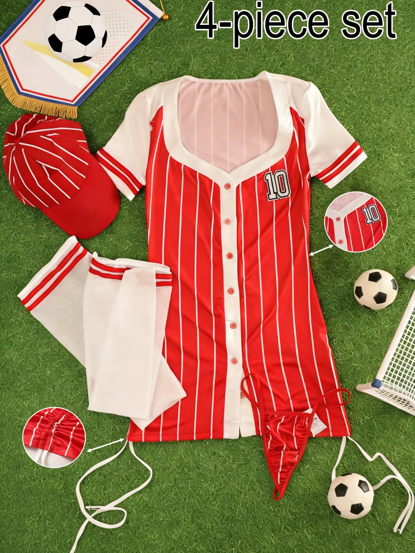 Sexy Football Baseball Player 4-Piece Underwear Set, Embroidered Number 10 Striped Drawstring Design, Sports Role Play Sleepwear