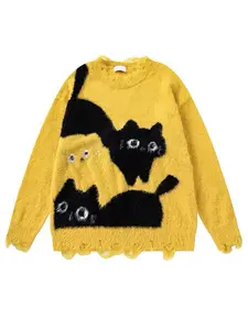 Men's Winter New Jacquard Cat Sweater, Casual Loose-Fit Round Neck Knitted Pullover, Unique Ripped Hem Design, Warm Fashionable Top