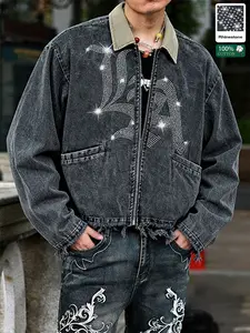 Men's Rhinestone Denim Jacket Set, Western Y2K Street Style, 100% Cotton, Faded Hem, Sparkle Print, Casual Party Fashion