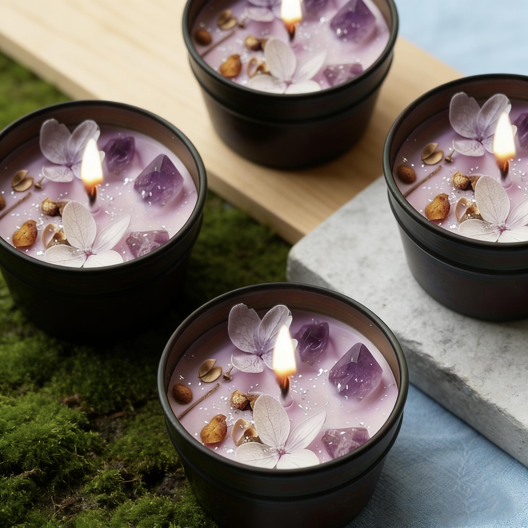 4-piece set of purple amethyst lavender soy wax scented candles with crystal petals embedded, aesthetic fragrance in iron tin candles, home decor for relaxation and gifting, creative/candle making - mold materials