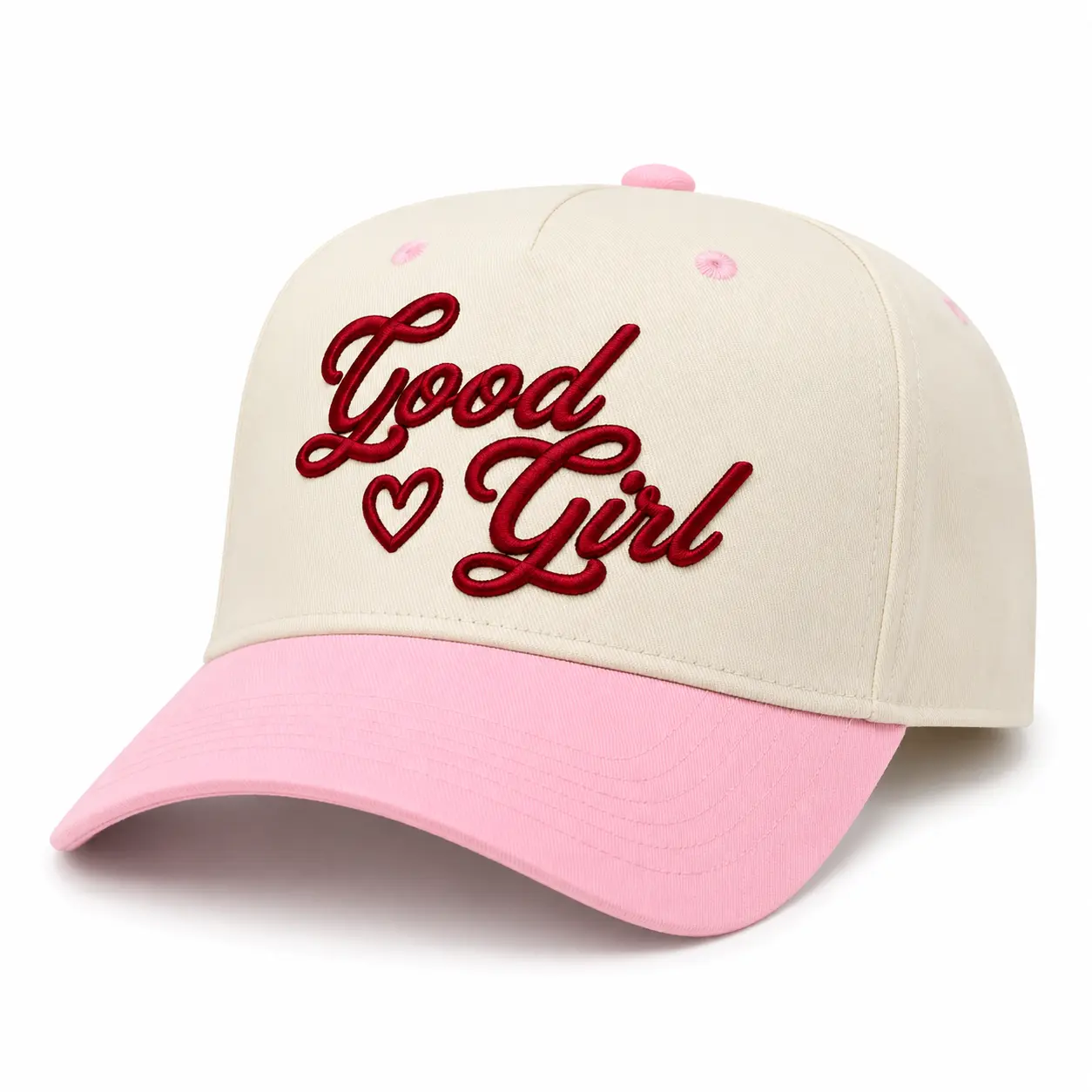 Good Girl Embroidered Baseball Cap – Cute Coquette Cream Pink Adjustable Hat