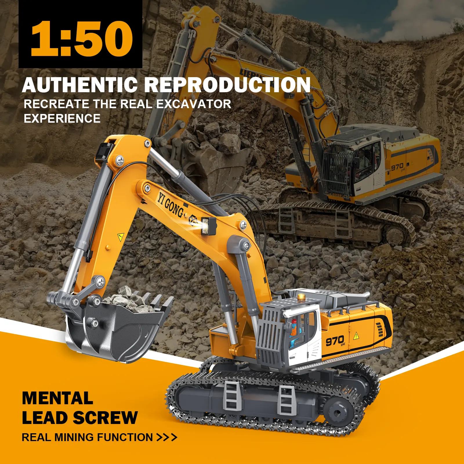 (Adult collector)1/50 RC Excavator  Engineering Vehicle Remote Control Electric Lifting Digger Bucket Tracks Light Sound RTR Battery for Adult,birthday and Christmas gifts