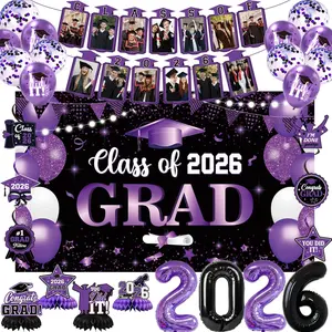 Holkcog 2026 Graduation Decorations, Purple Themed Class of 2026 Congrats Graduation Backdrop, Balloons, Honeycomb ornament for Graduation Party Decorations, Outdoor Indoor Grad Party Decor Supply